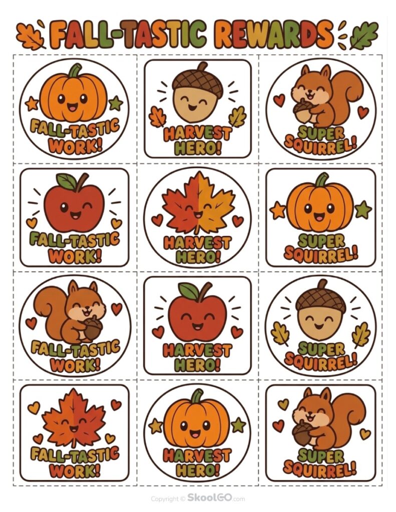 Fall-Tastic Rewards Color Classroom Reward Cards Color version of Fall-Tastic Rewards printable classroom reward cards featuring twelve autumn-themed reward cards