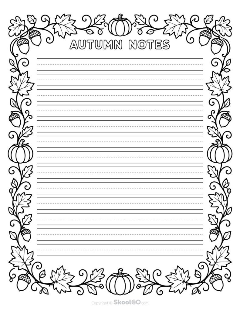Autumn Notes Fall Writing Paper – Black and White Page Black and white Autumn Notes fall writing paper with pumpkin and leaf designs