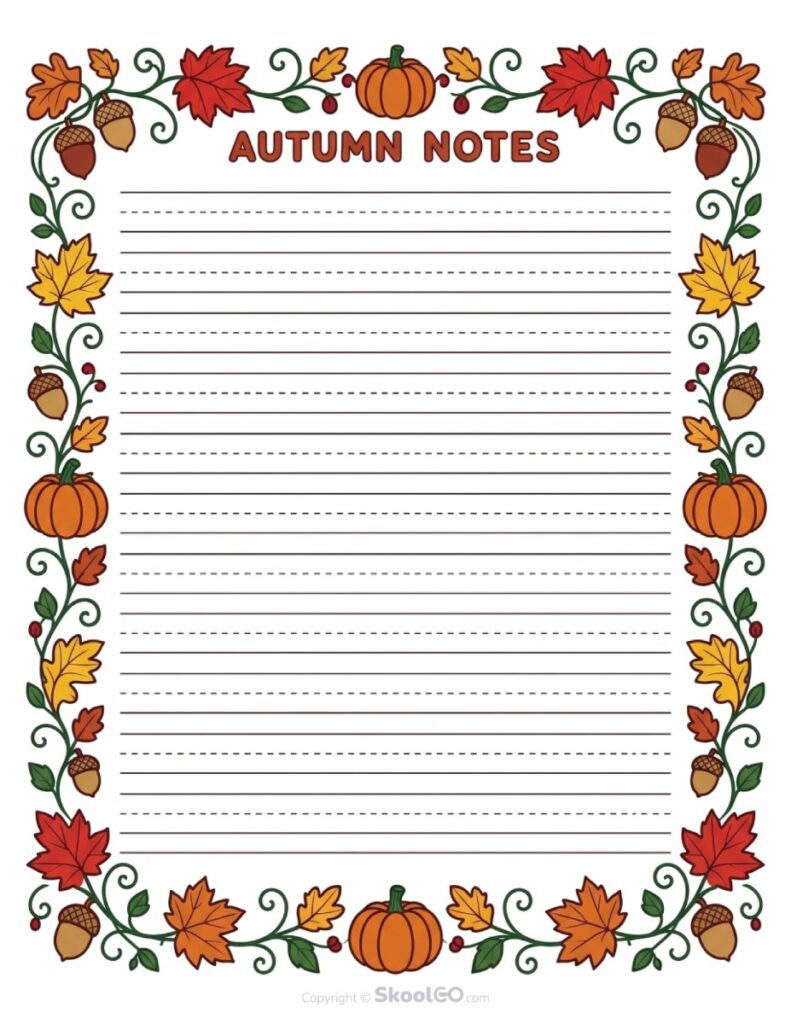 Autumn Notes Fall Writing Paper – Color Page Colorful Autumn Notes fall writing paper with pumpkins and autumn leaves