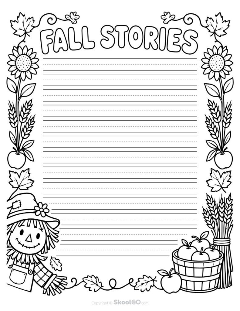 Fall Stories Writing Paper – Black and White Page Black and white Fall Stories writing paper with apples and scarecrow designs