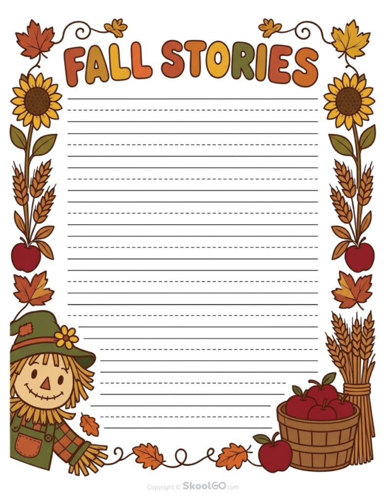 Fall Stories Writing Paper – Color Page Fall Stories writing paper with apples, sunflowers, leaves, and scarecrow