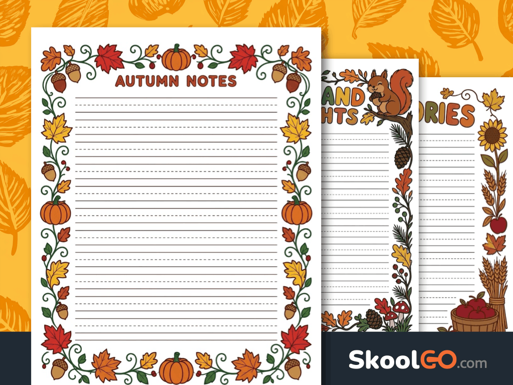 Fall writing paper with autumn-themed printable pages for creative writing