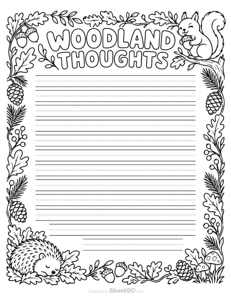 Woodland Thoughts Fall Writing Paper – Black and White Page Black and white Woodland Thoughts writing paper with squirrel and woodland designs