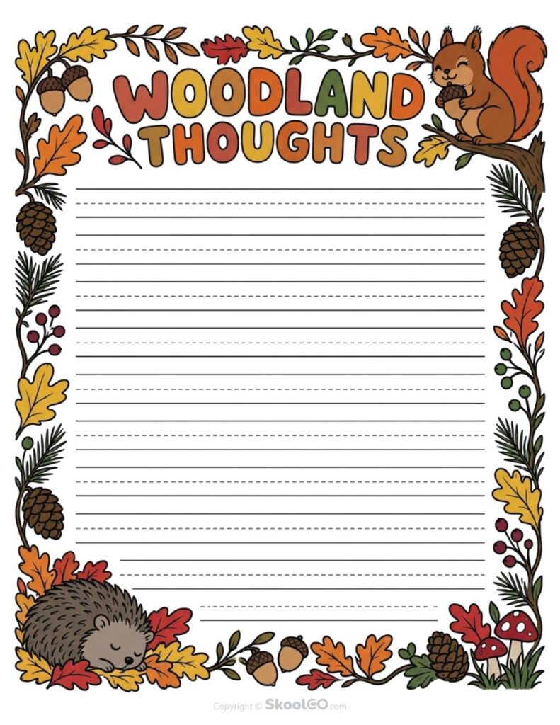 Woodland Thoughts Fall Writing Paper – Color Page Woodland Thoughts fall writing paper with squirrel and woodland illustrations