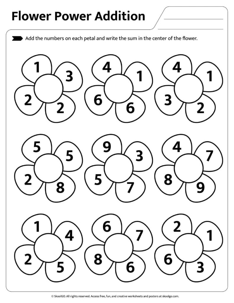 Flower Power Addition Worksheet – Black and White Page 1 Black and white Flower Power Addition Worksheet for printable math practice