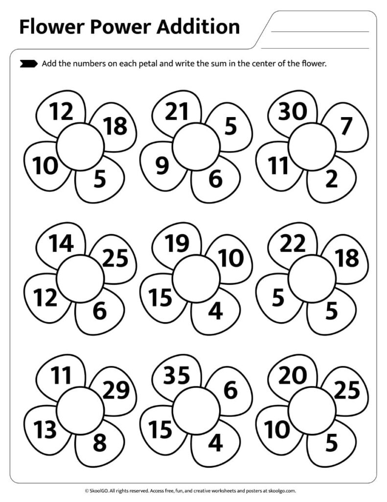 Flower Power Addition Worksheet – Black and White Page 2 Printable black and white flower addition worksheet for early learners