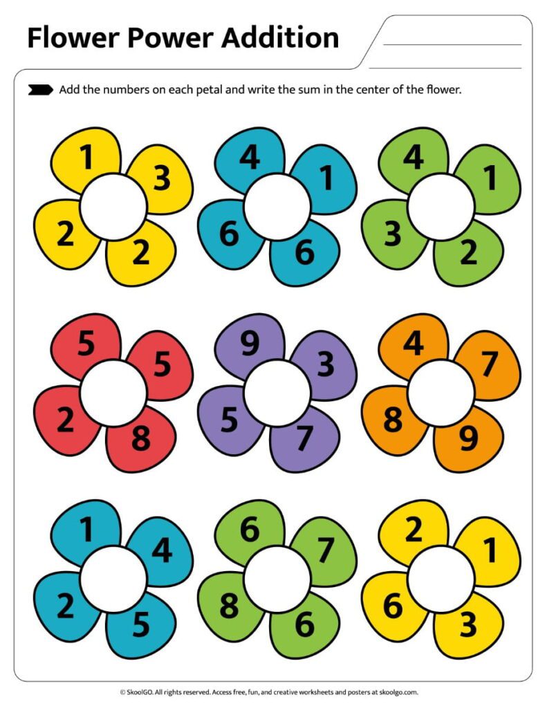 Flower Power Addition Worksheet – Color Page 1 Color Flower Power Addition Worksheet with single-digit addition flower activities