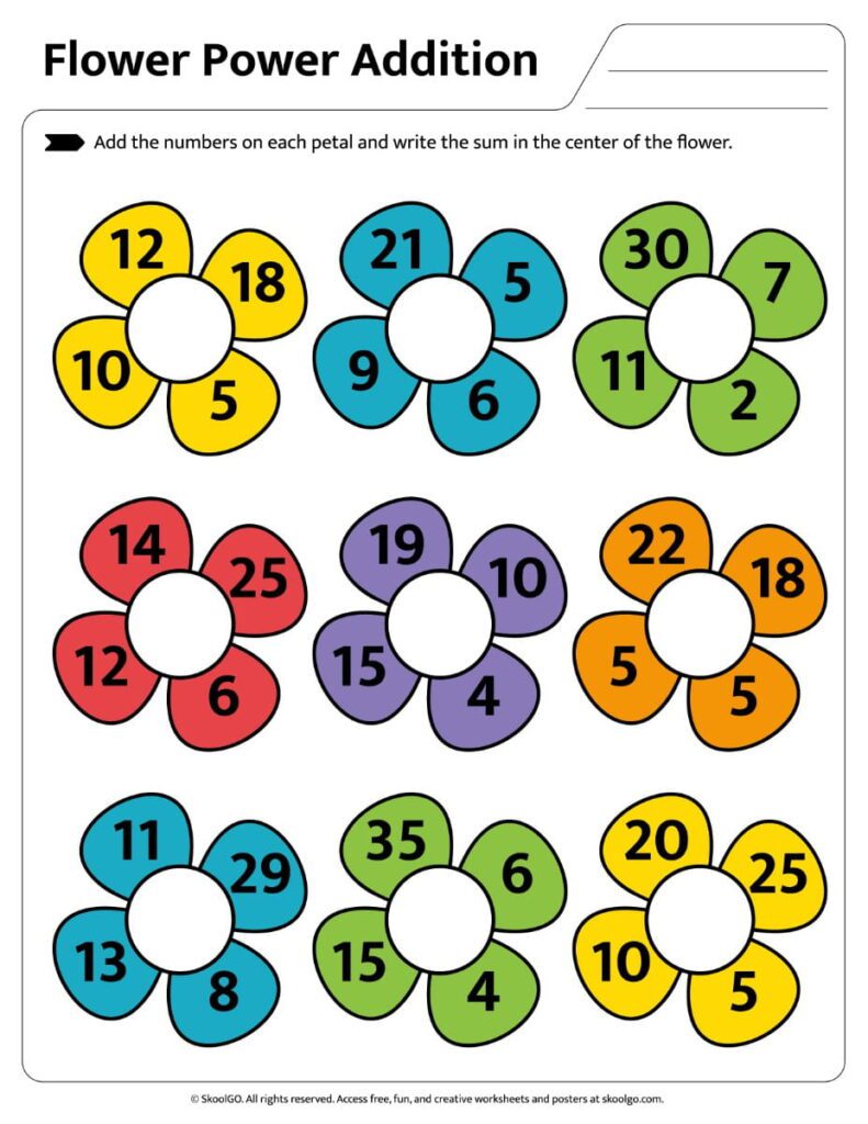 Flower Power Addition Worksheet – Color Page 2 Flower-themed printable addition worksheet with early math practice in color