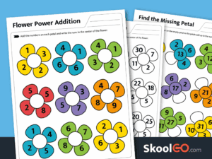 Flower Power Addition Worksheet free printable PDF for practicing early addition skills