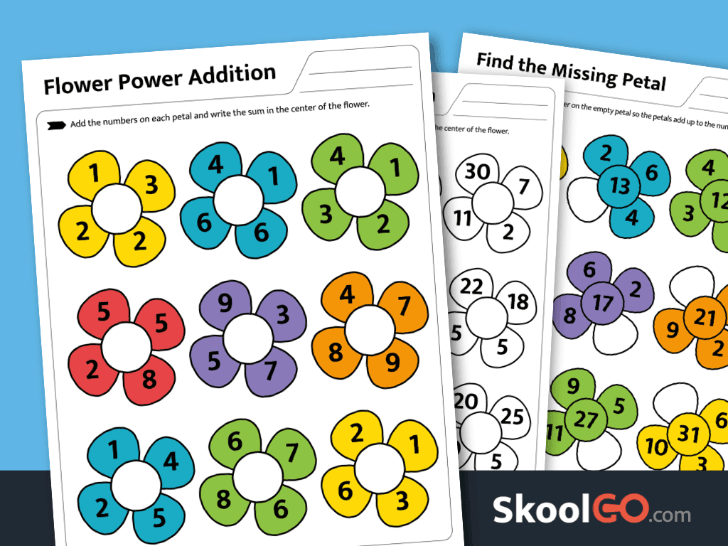 Flower Power Addition Worksheet free printable PDF for practicing early addition skills