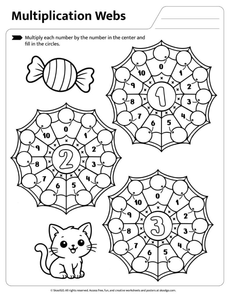 Halloween Multiplication Webs for Times Tables 1, 2 and 3 Multiplication webs worksheet for practicing the 1, 2 and 3 times tables with Halloween illustrations