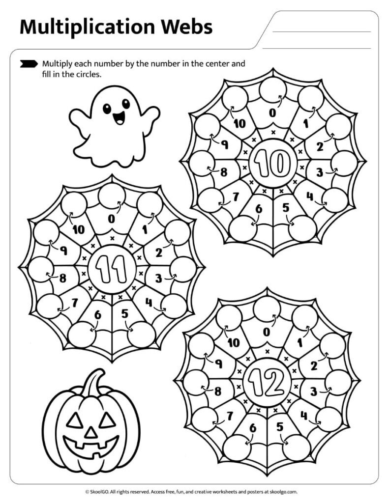 Halloween Multiplication Webs for Times Tables 10, 11 and 12 Multiplication webs worksheet for practicing the 10, 11 and 12 times tables with Halloween illustrations