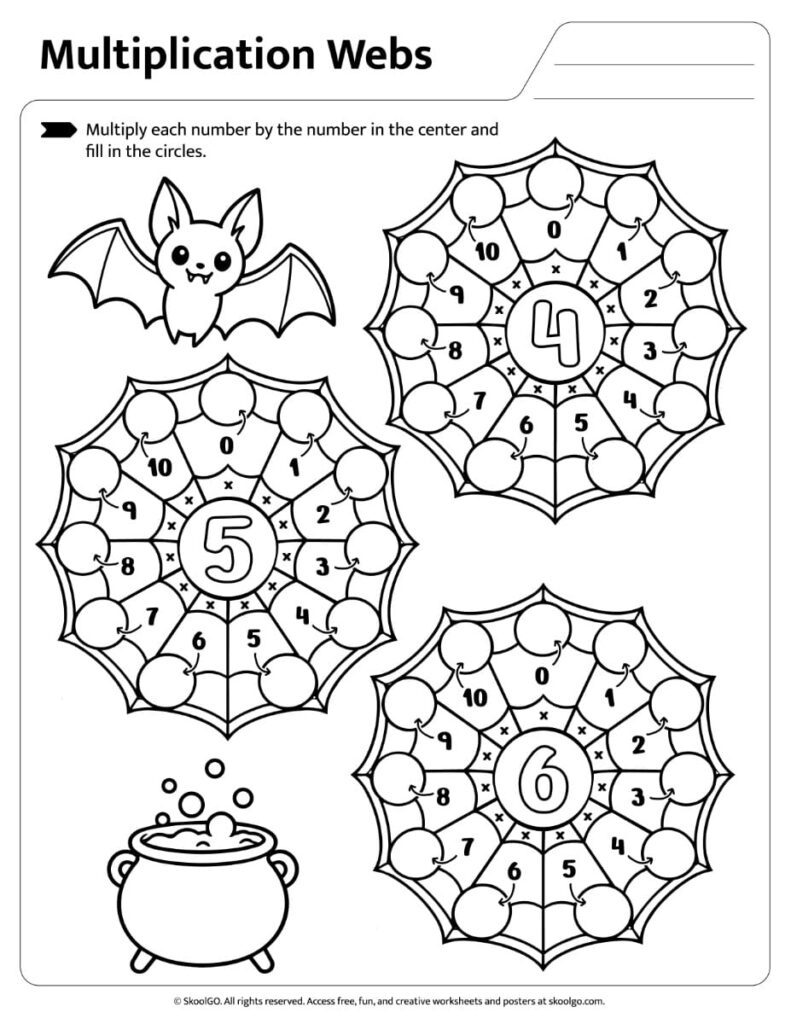 Halloween Multiplication Webs for Times Tables 4, 5 and 6 Multiplication webs worksheet for practicing the 4, 5 and 6 times tables with Halloween illustrations