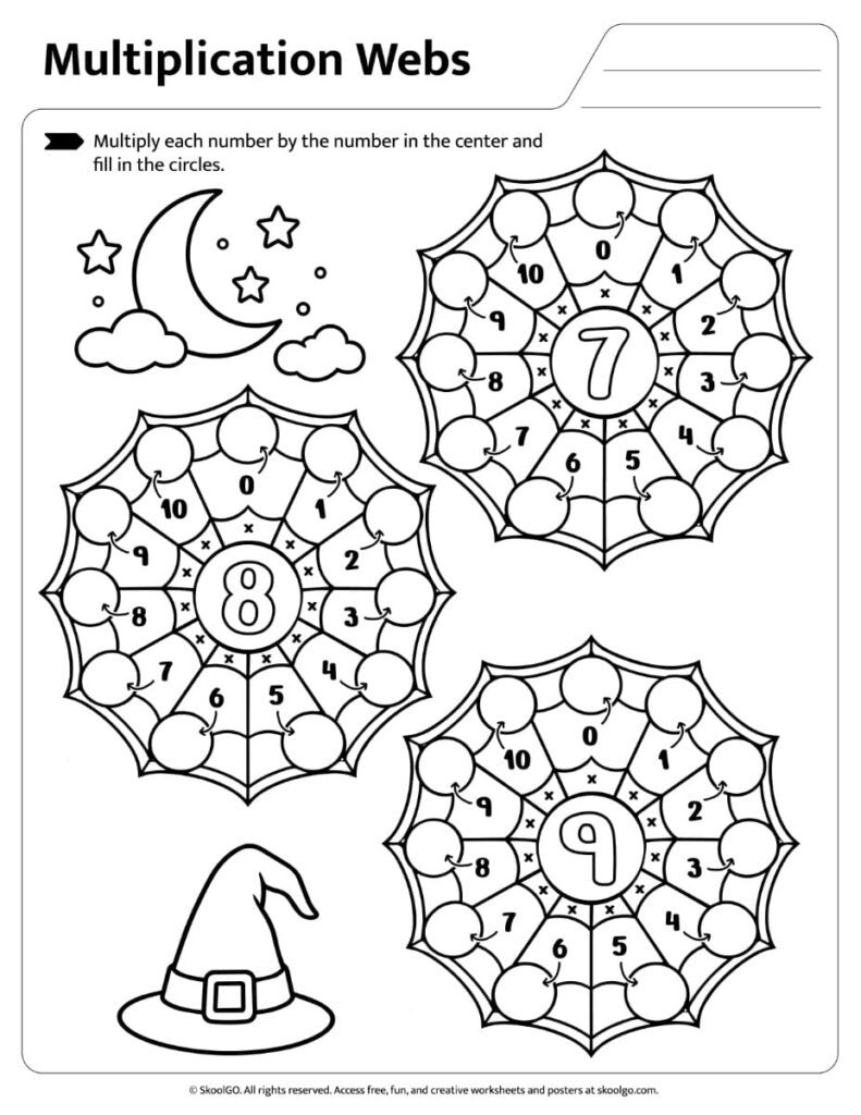 Halloween Multiplication Webs for Times Tables 7, 8 and 9 Multiplication webs worksheet for practicing the 7, 8 and 9 times tables with Halloween illustrations