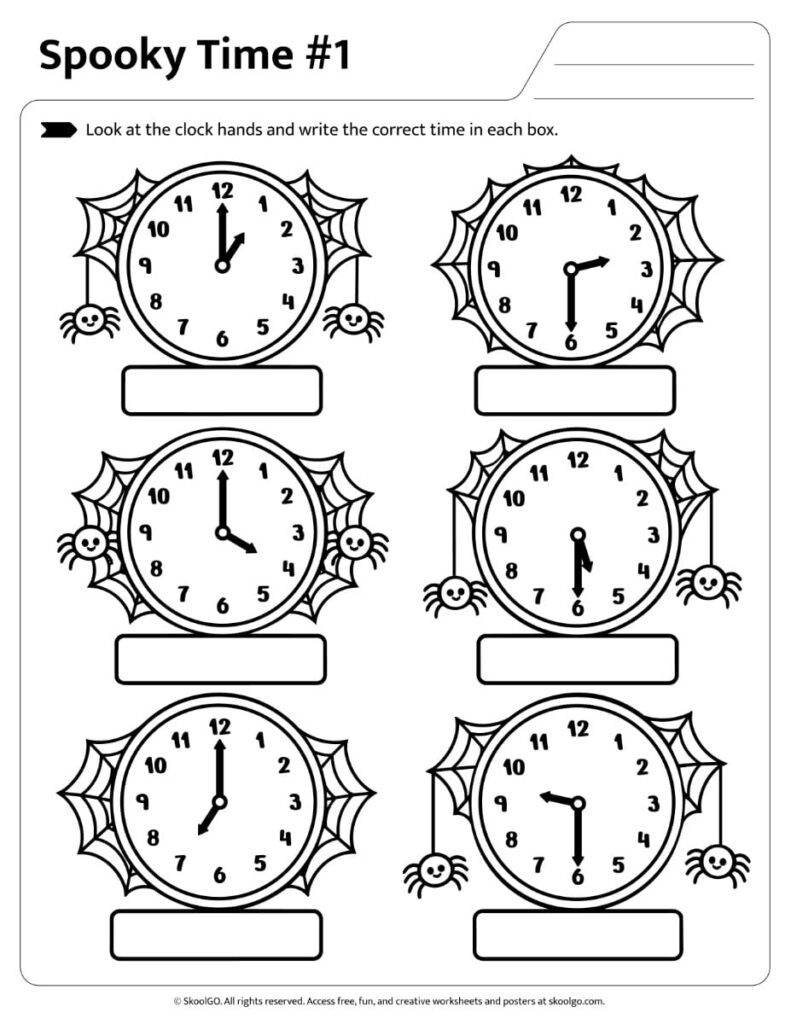 Spooky Time Analog Clock Reading Worksheet #1 Halloween worksheet for reading analog clock hands and writing the correct time