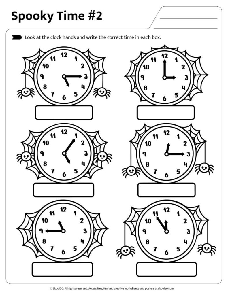 Spooky Time Analog Clock Reading Worksheet #2 Halloween analog clock worksheet with six telling time practice exercises