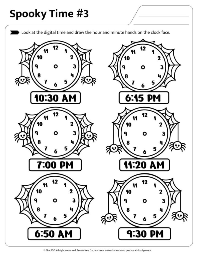 Spooky Time Digital to Analog Clock Worksheet #3 Halloween telling time worksheet for drawing clock hands from digital times
