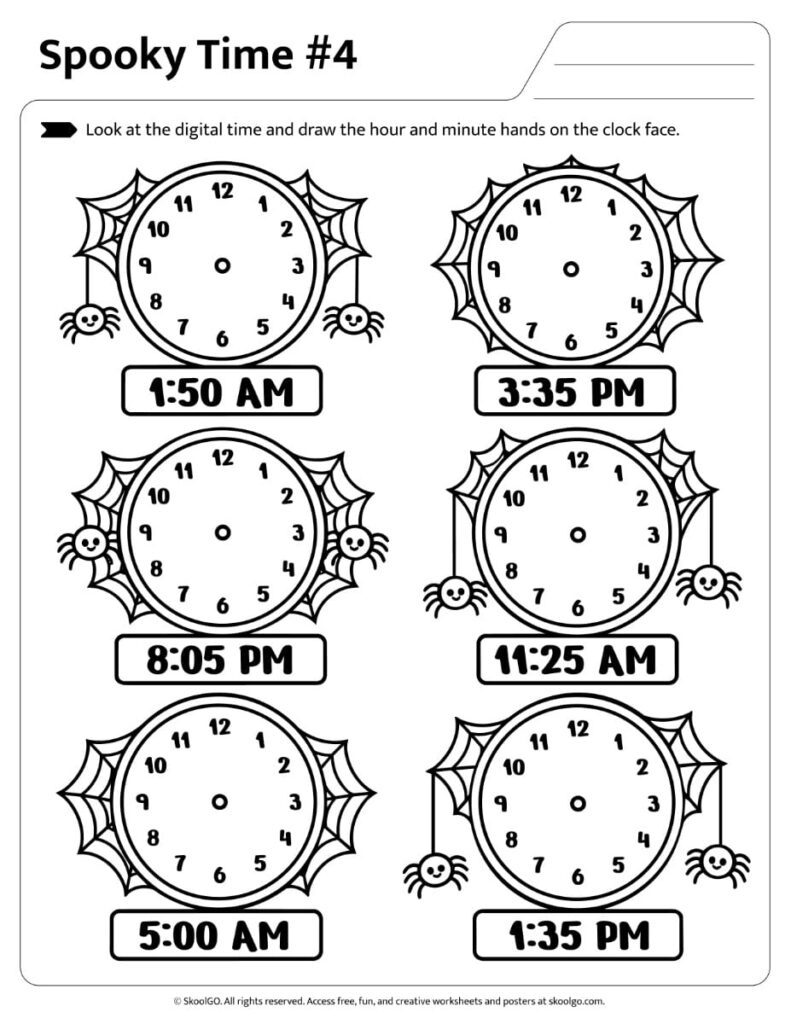 Spooky Time Digital to Analog Clock Worksheet #4 Halloween clock practice worksheet for drawing hour and minute hands from digital times