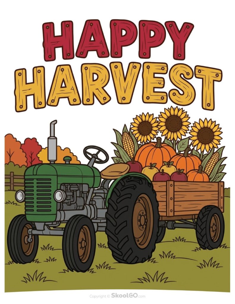 Happy Harvest Poster Color Version Colorful Happy Harvest poster with tractor, pumpkins, apples, corn, and sunflowers.