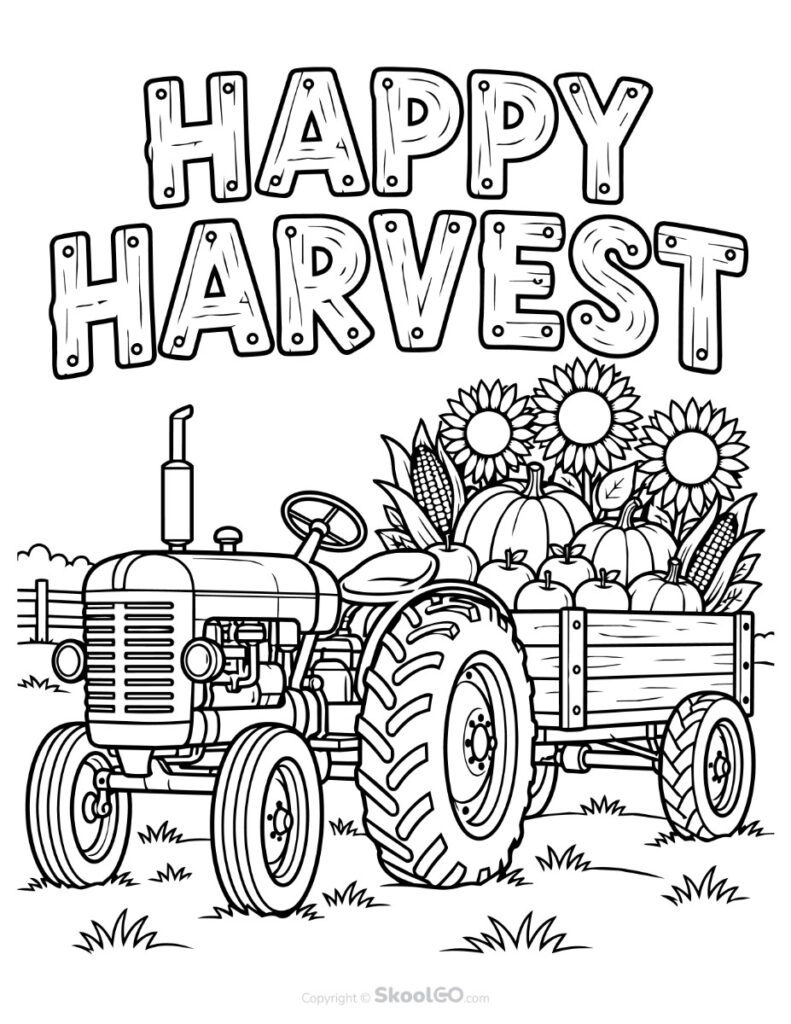 Happy Harvest Poster Coloring Page Black-and-white Happy Harvest poster coloring page with tractor and autumn harvest illustration.