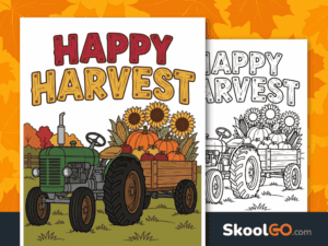 Happy Harvest poster free printable featuring colorful autumn harvest decorations for classroom display.