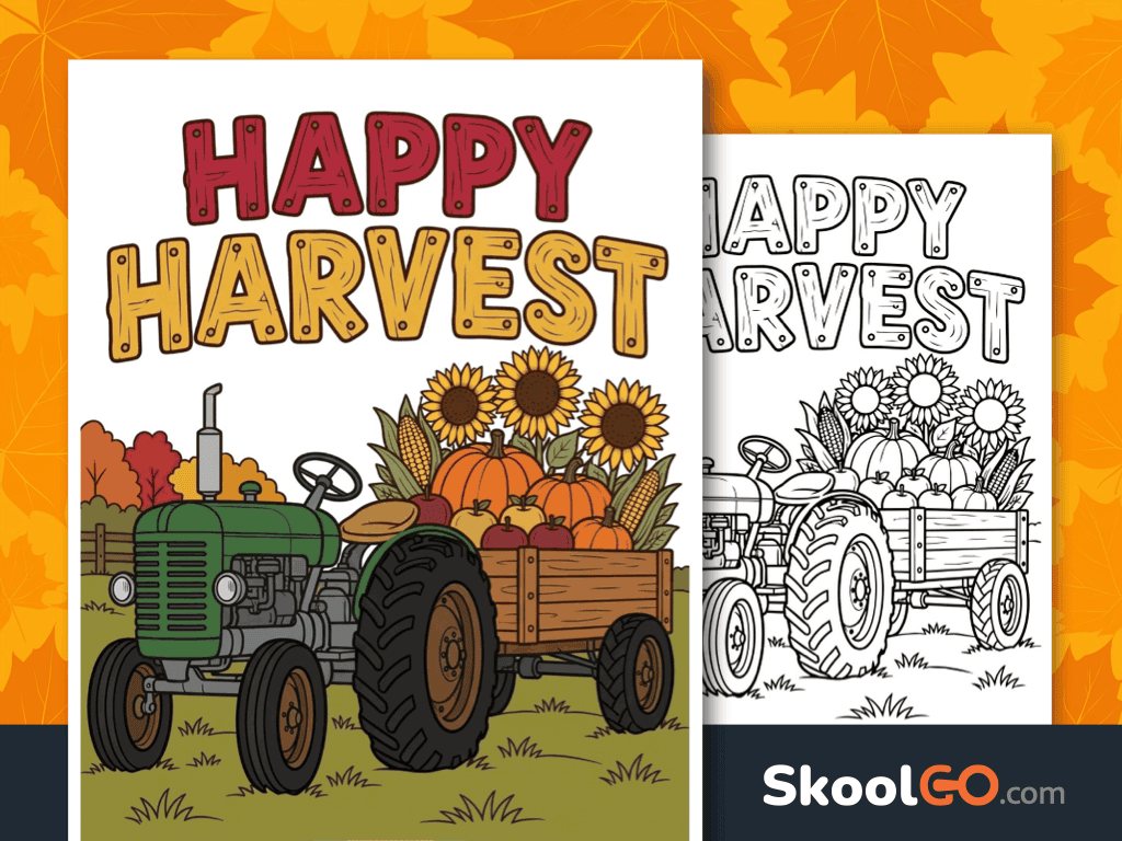 Happy Harvest poster free printable featuring colorful autumn harvest decorations for classroom display.