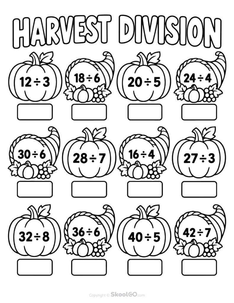 Harvest Division Worksheet Black and White Version Black and white Harvest Division Worksheet for coloring and practicing division facts