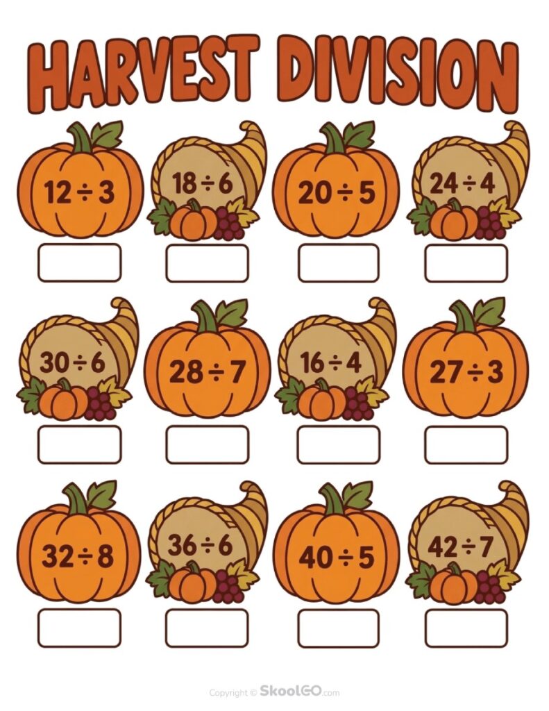 Harvest Division Worksheet Color Version Color Harvest Division Worksheet featuring pumpkins and cornucopias with division facts