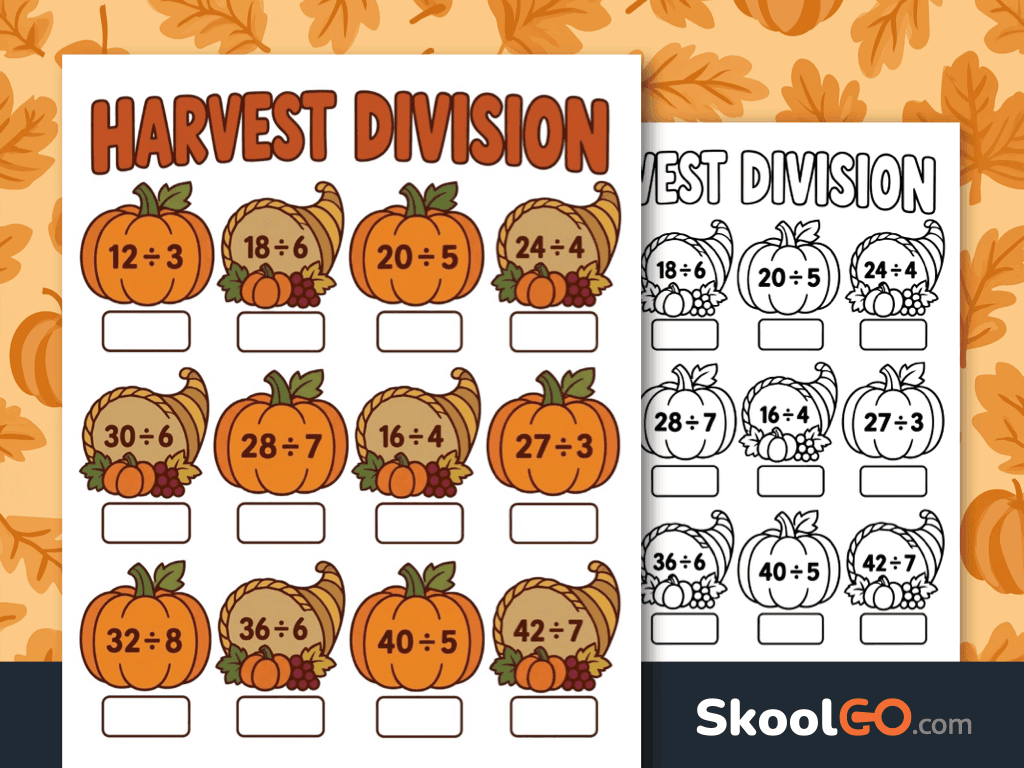 Harvest Division Worksheet free printable PDF for practicing division facts