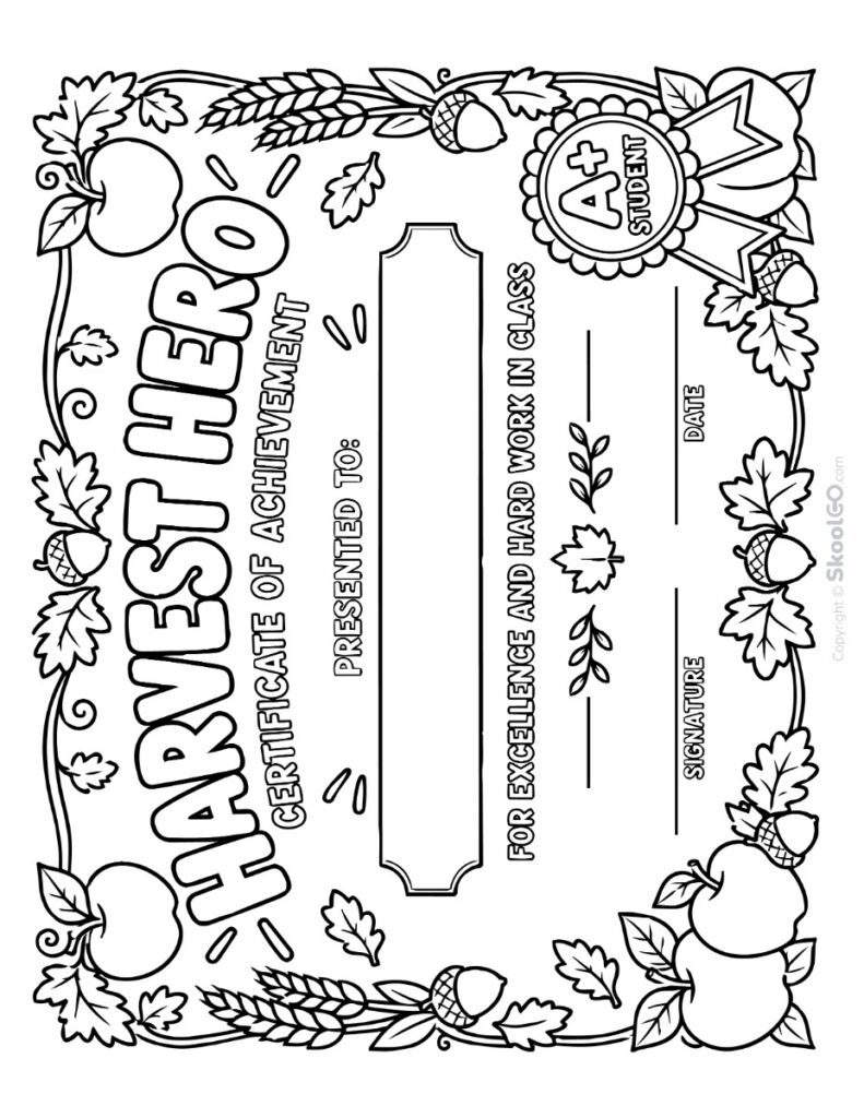 Harvest Hero Certificate of Achievement Black and White Version Black and white Harvest Hero Certificate of Achievement printable certificate