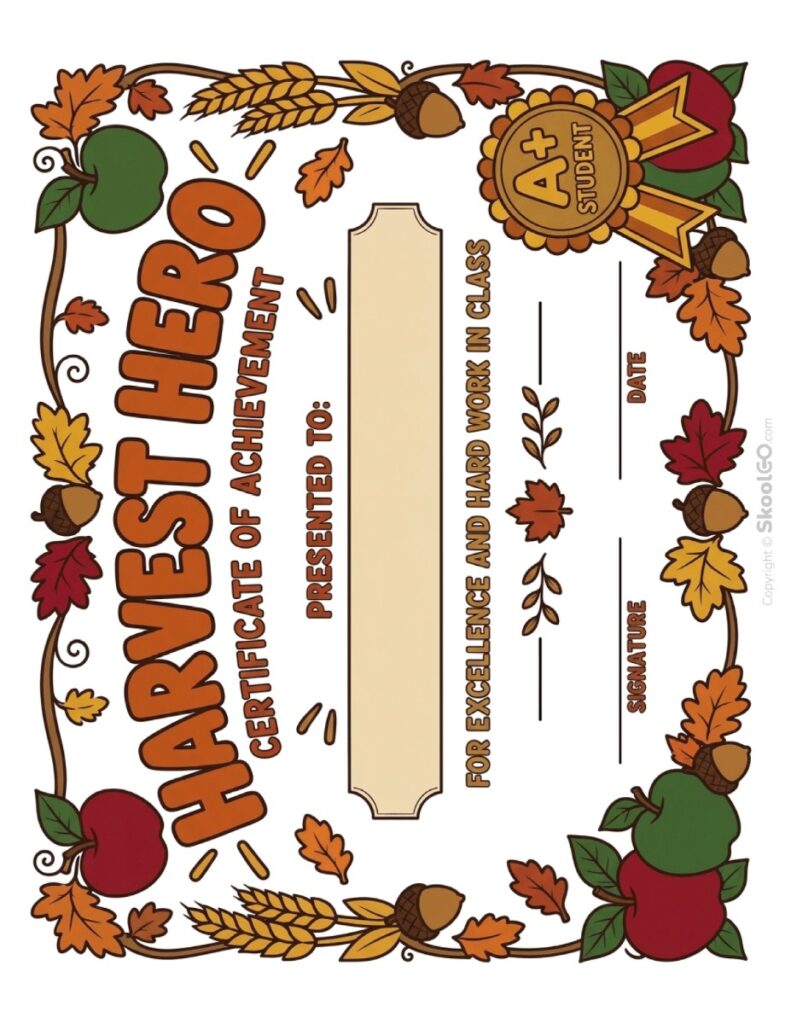 Harvest Hero Certificate of Achievement Color Version Color Harvest Hero Certificate of Achievement printable PDF