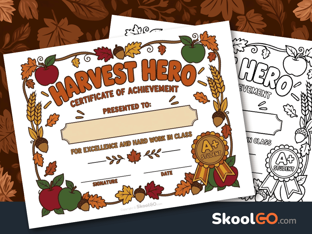 Harvest Hero Certificate of Achievement free printable certificate for classroom recognition