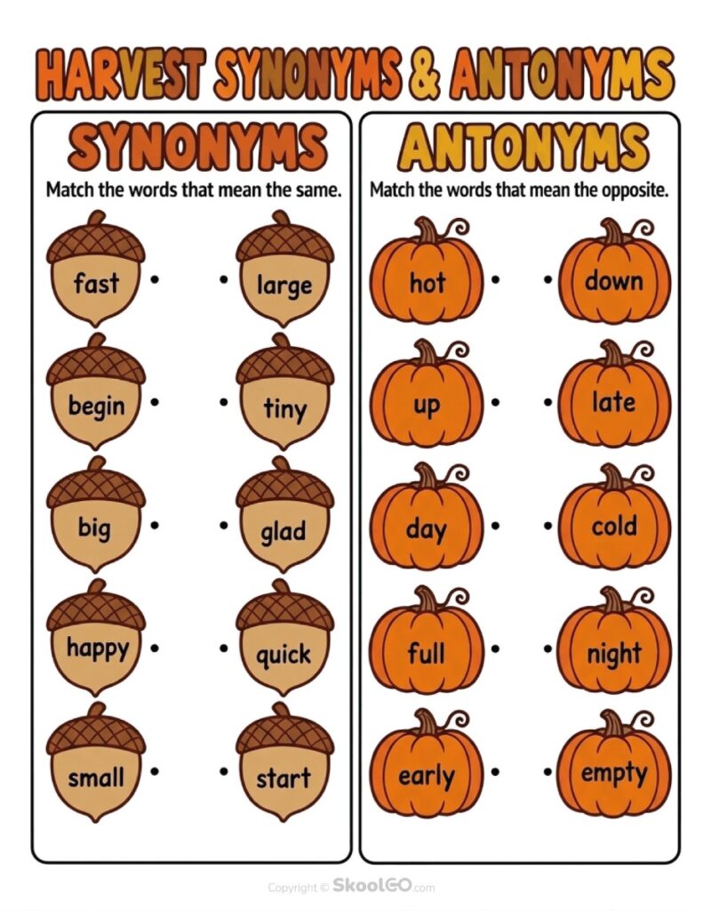 Harvest Synonyms and Antonyms Matching Worksheet Color Version Color version of the Harvest Synonyms and Antonyms Matching Worksheet