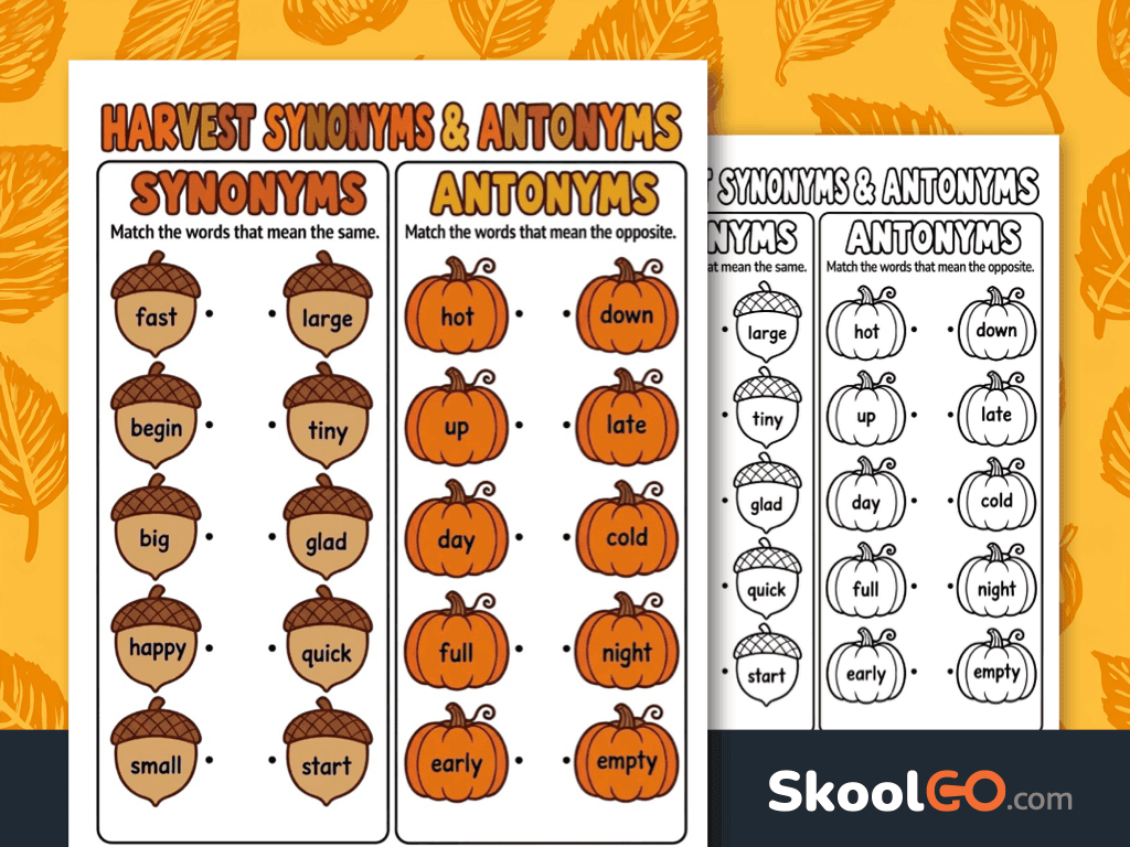 Harvest Synonyms and Antonyms Matching Worksheet free printable PDF for vocabulary practice