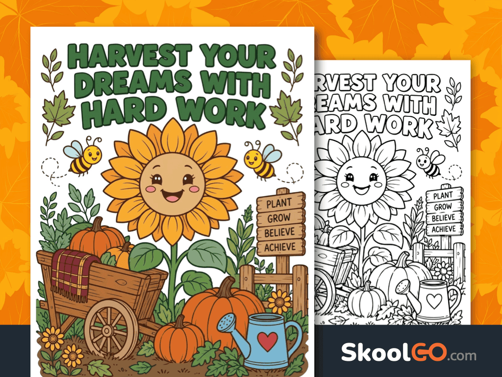 Harvest Your Dreams with Hard Work Coloring Poster free printable motivational classroom poster
