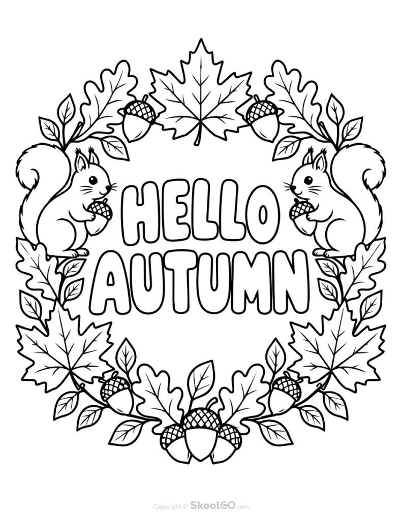 Hello Autumn Coloring Poster Black-and-white Hello Autumn printable coloring poster with autumn leaves and squirrels.