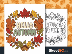 Hello Autumn Fall Printable Poster featuring colorful autumn leaves, squirrels, and seasonal classroom decor.