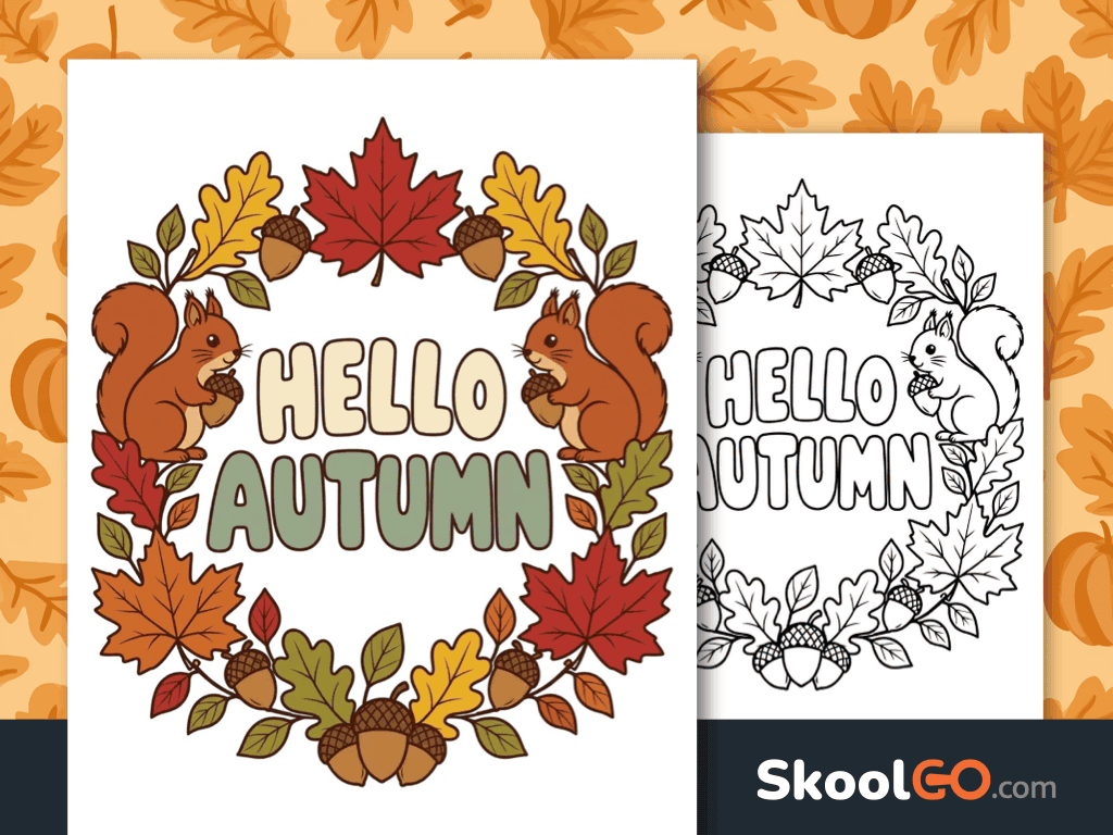 Hello Autumn Fall Printable Poster featuring colorful autumn leaves, squirrels, and seasonal classroom decor.