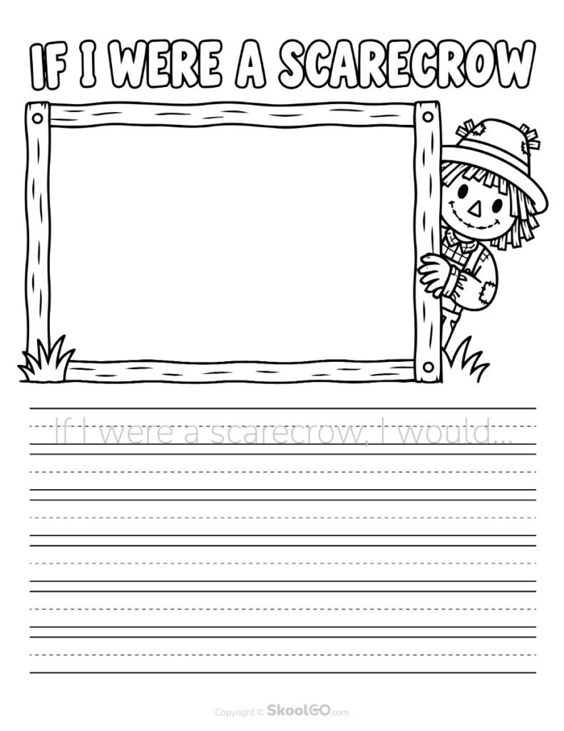If I Were a Scarecrow Black and White Writing Worksheet Black and white printable If I Were a Scarecrow writing worksheet for coloring and writing