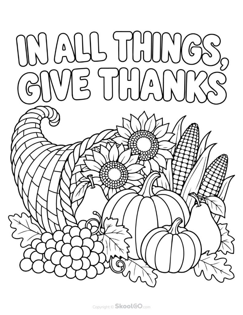 In All Things Give Thanks Thanksgiving Poster Coloring Page Black and white coloring version of the In All Things Give Thanks Thanksgiving Poster
