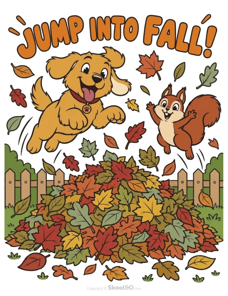 Jump Into Fall Color Poster Color version of the Jump Into Fall Autumn Poster featuring playful woodland animals and autumn leaves