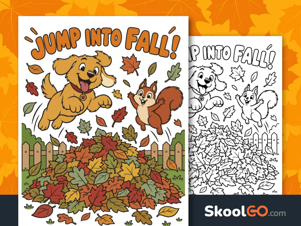 Jump Into Fall Autumn Poster and Coloring Page free printable classroom poster with matching coloring page