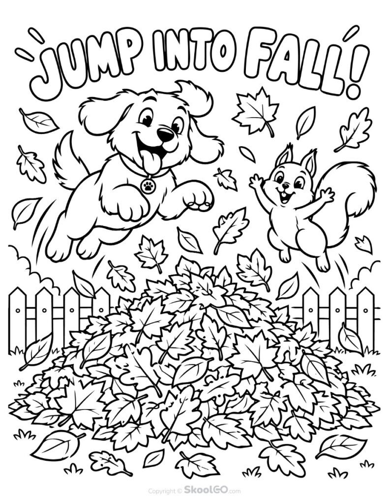 Jump Into Fall Coloring Poster Black-and-white Jump Into Fall Autumn Poster coloring page for classroom and home use