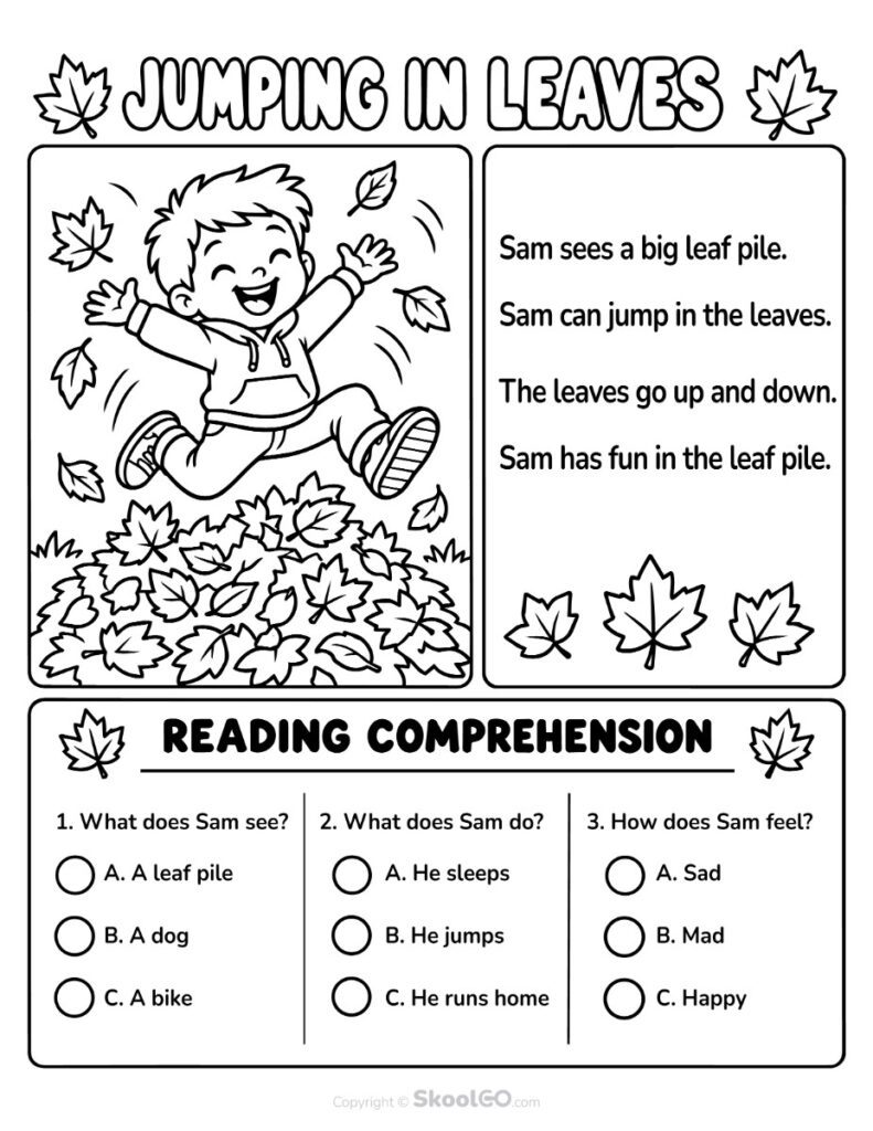 Jumping in Leaves Reading Comprehension Worksheet Black and White Black and white Jumping in Leaves Reading Comprehension Worksheet for coloring and reading practice
