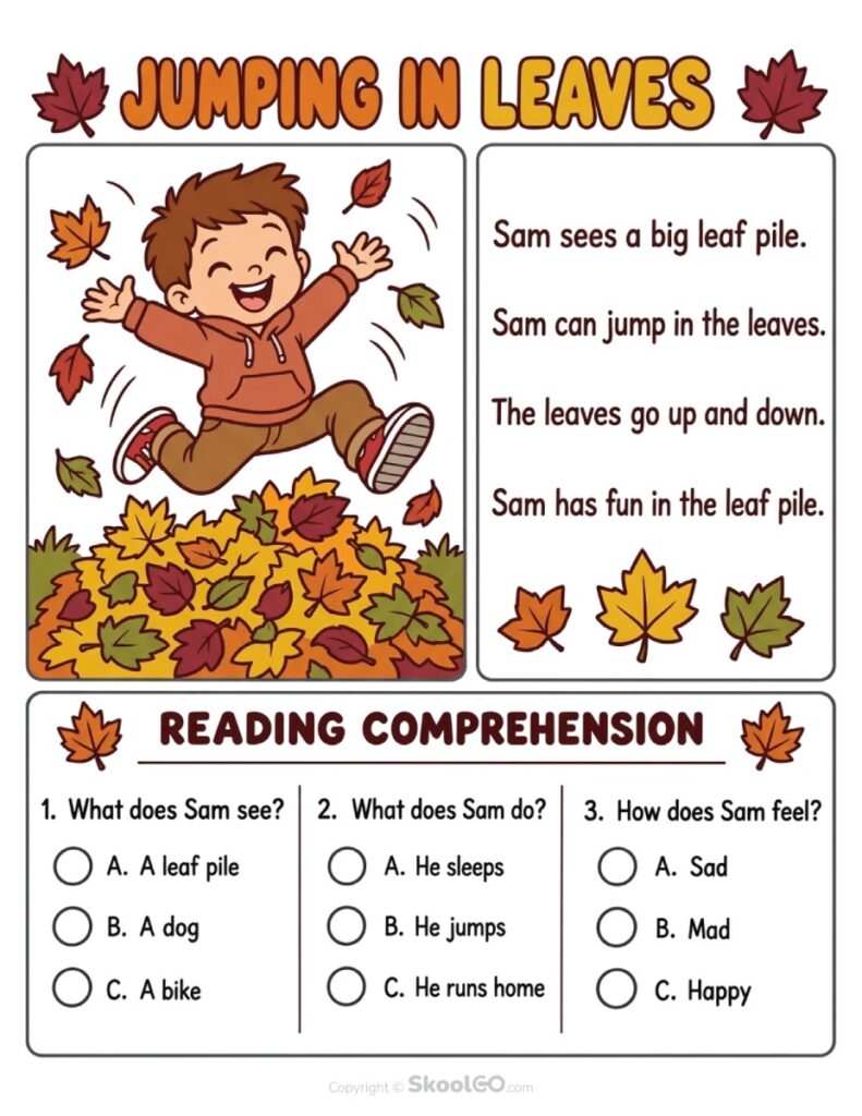 Jumping in Leaves Reading Comprehension Worksheet Color Version Color version of the Jumping in Leaves Reading Comprehension Worksheet with reading passage and questions