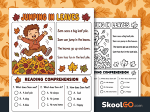 Jumping in Leaves Reading Comprehension Worksheet free printable PDF for early readers