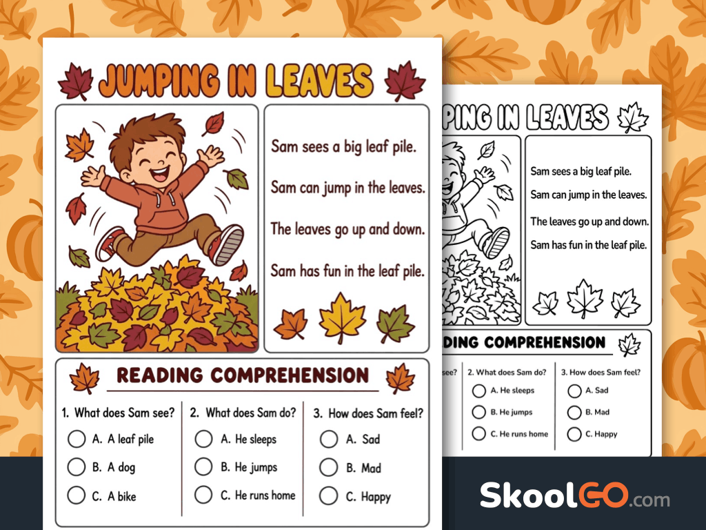 Jumping in Leaves Reading Comprehension Worksheet free printable PDF for early readers