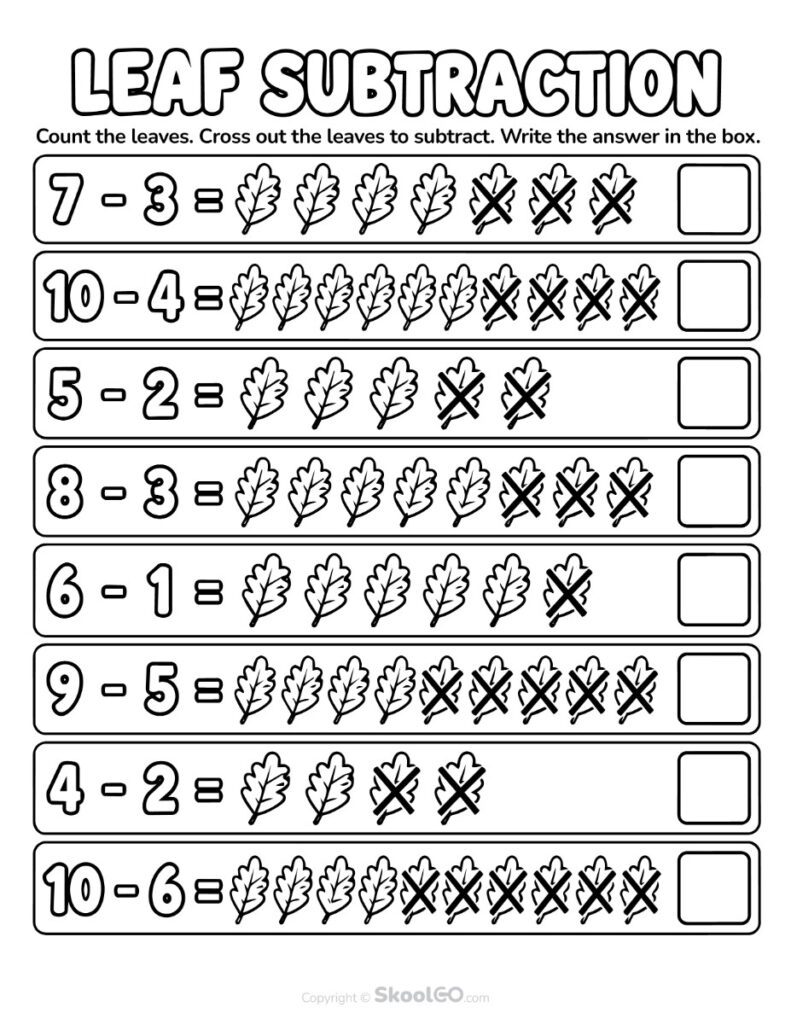 Leaf Counting Subtraction Worksheet Black and White Version Black and white leaf counting subtraction worksheet printable PDF