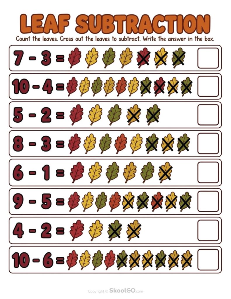 Leaf Counting Subtraction Worksheet Color Version Color leaf counting subtraction worksheet with visual subtraction activities