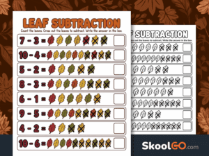 Leaf counting subtraction worksheet free printable PDF for early math practice